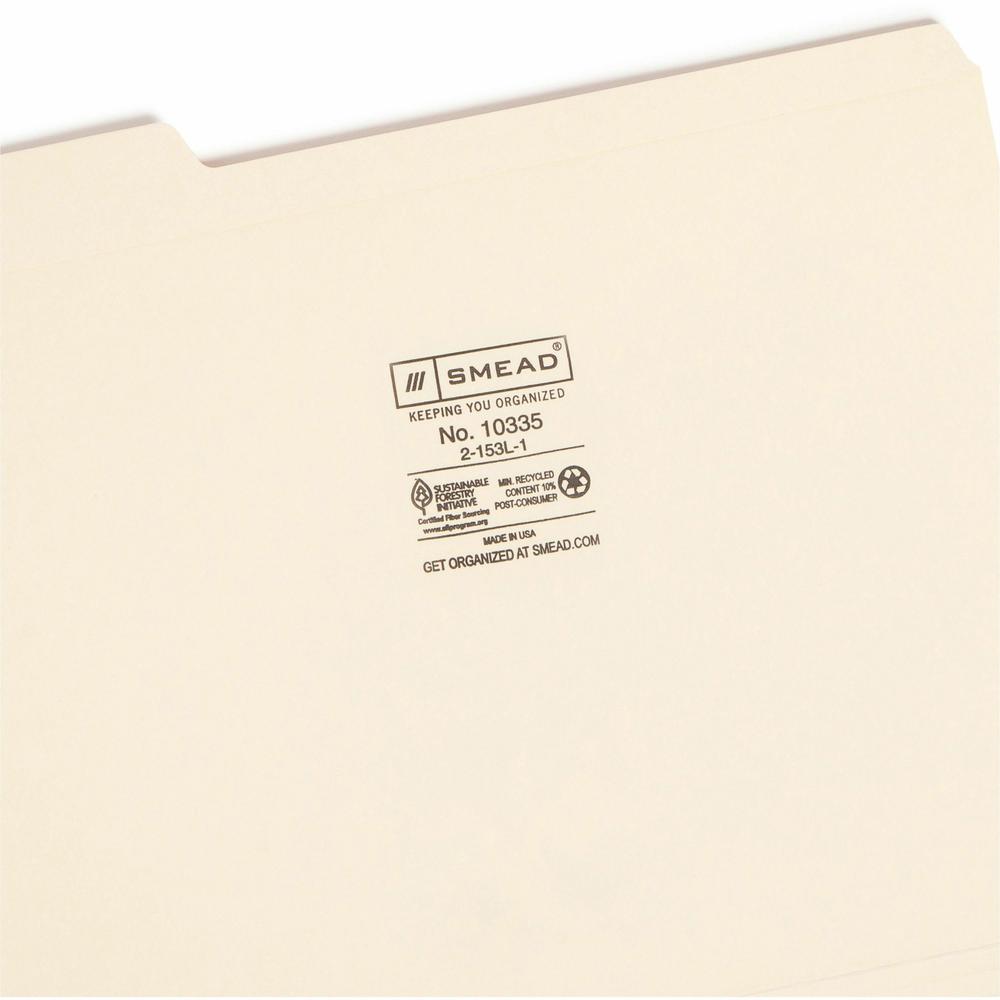 Smead 1/3 Tab Cut Letter Recycled Top Tab File Folder - 8 1/2" x 11" - 3/4" Expansion - Top Tab Location - Left Tab Position - Manila - 10% Recycled - 100 / Box. Picture 7