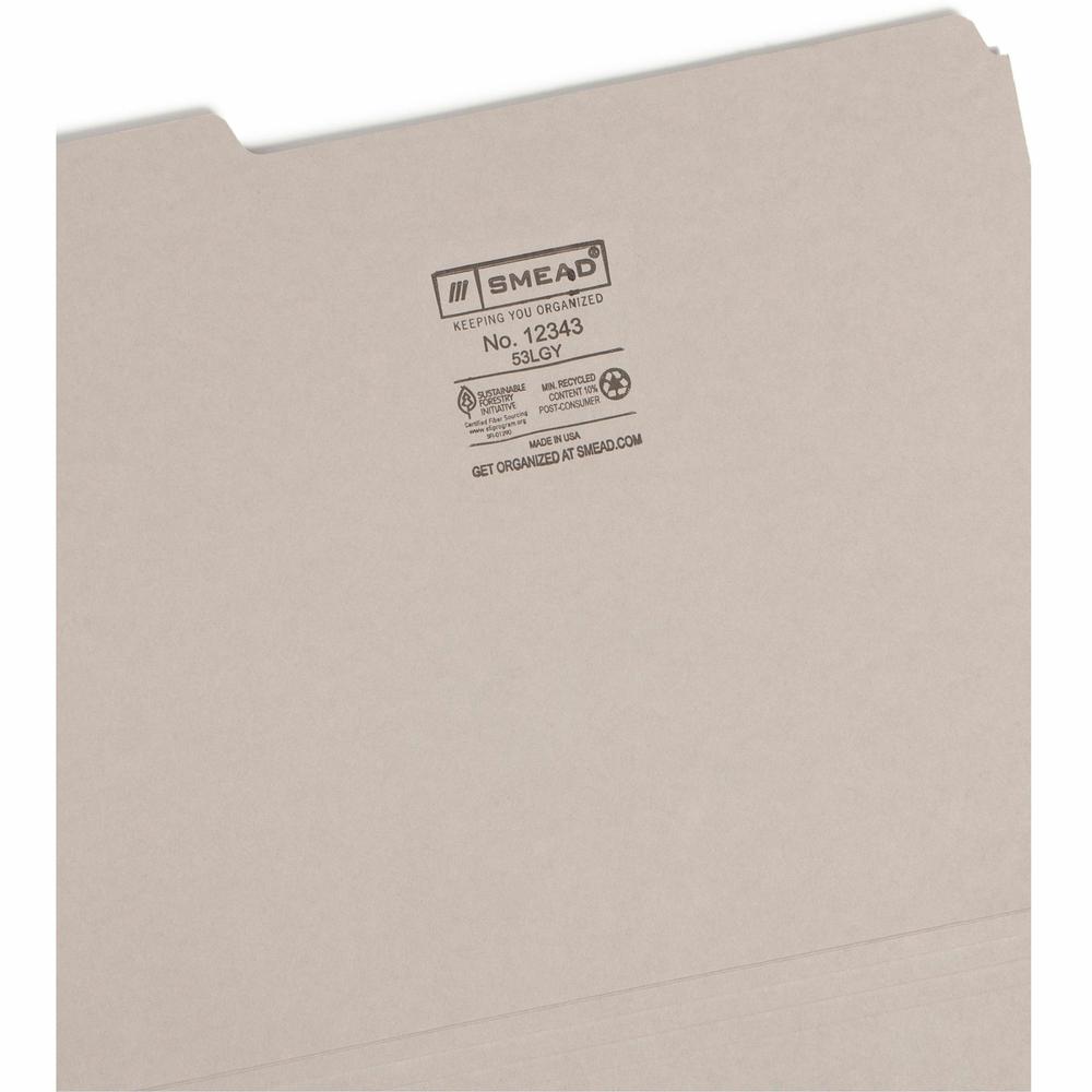 Smead Colored 1/3 Tab Cut Letter Recycled Top Tab File Folder - 8 1/2" x 11" - 3/4" Expansion - Top Tab Location - Assorted Position Tab Position - Gray - 10% Recycled - 100 / Box. Picture 7