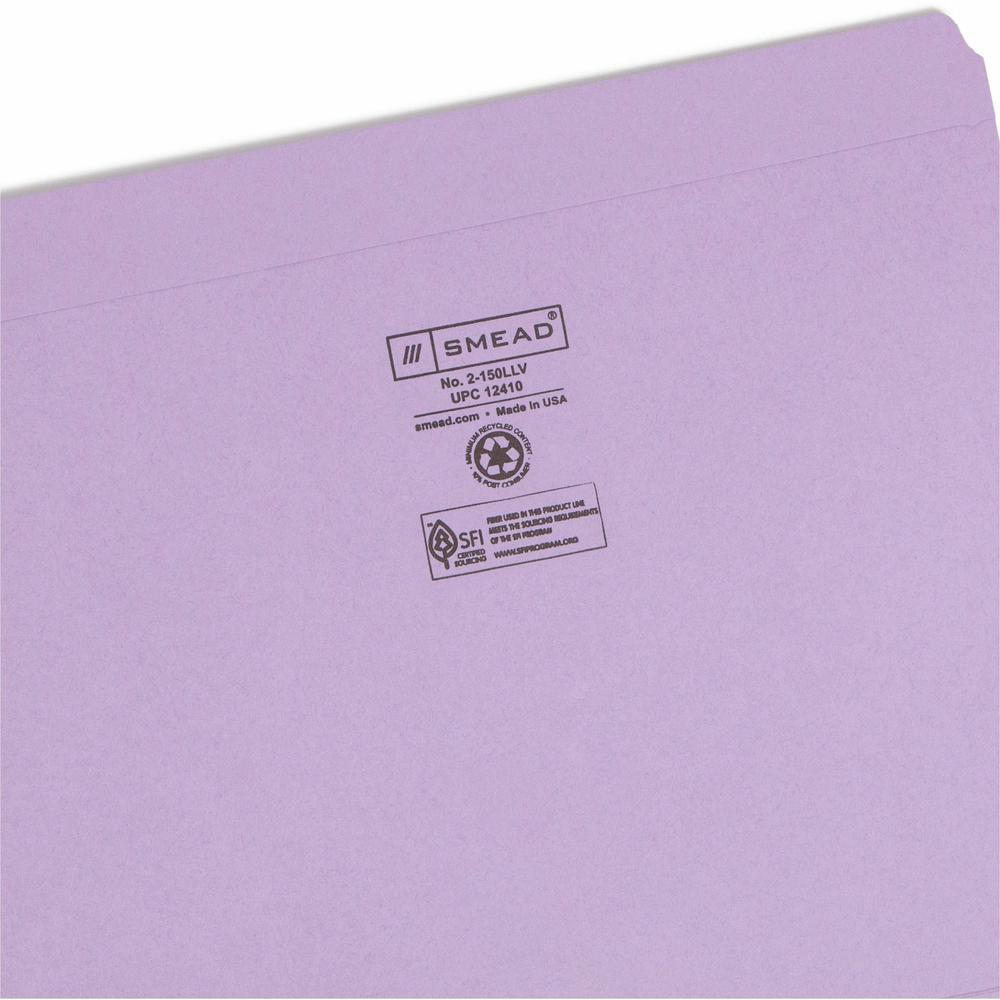 Smead Colored Straight Tab Cut Letter Recycled Top Tab File Folder - 8 1/2" x 11" - 3/4" Expansion - Lavender - 10% Recycled - 100 / Box. Picture 7