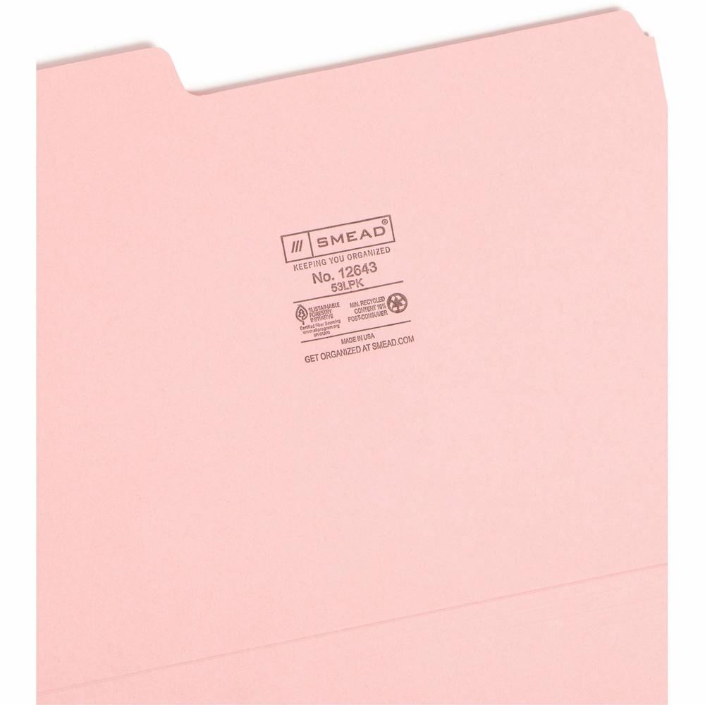 Smead Colored 1/3 Tab Cut Letter Recycled Top Tab File Folder - 8 1/2" x 11" - 3/4" Expansion - Top Tab Location - Assorted Position Tab Position - Pink - 10% Recycled - 100 / Box. Picture 7