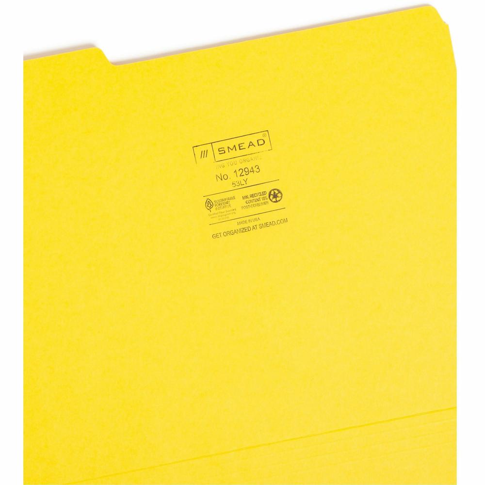 Smead Colored 1/3 Tab Cut Letter Recycled Top Tab File Folder - 8 1/2" x 11" - 3/4" Expansion - Top Tab Location - Assorted Position Tab Position - Yellow - 10% Recycled - 100 / Box. Picture 7