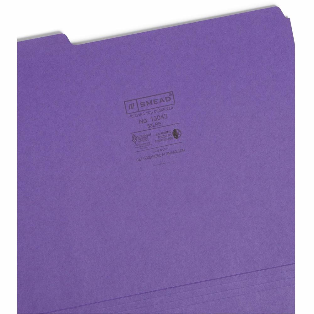Smead Colored 1/3 Tab Cut Letter Recycled Top Tab File Folder - 8 1/2" x 11" - 3/4" Expansion - Top Tab Location - Assorted Position Tab Position - Purple - 10% Recycled - 100 / Box. Picture 9