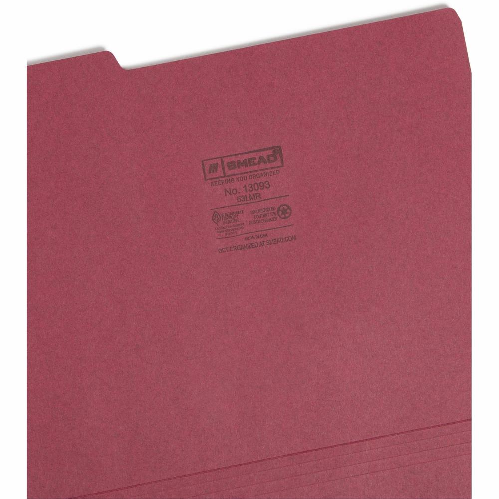 Smead Colored 1/3 Tab Cut Letter Recycled Top Tab File Folder - 8 1/2" x 11" - 3/4" Expansion - Top Tab Location - Assorted Position Tab Position - Maroon - 10% Recycled - 100 / Box. Picture 4