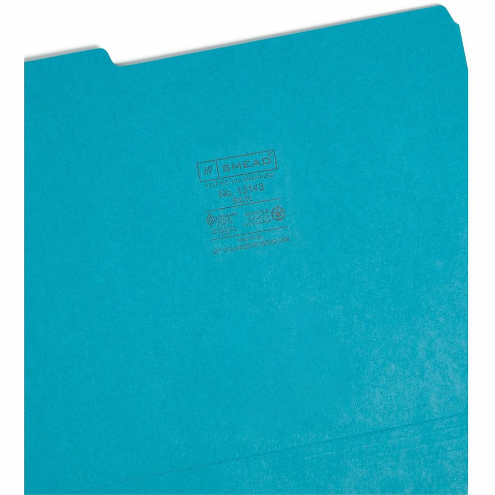 Smead Colored 1/3 Tab Cut Letter Recycled Top Tab File Folder - 8 1/2" x 11" - 3/4" Expansion - Top Tab Location - Assorted Position Tab Position - Teal - 10% Recycled - 100 / Box. Picture 7