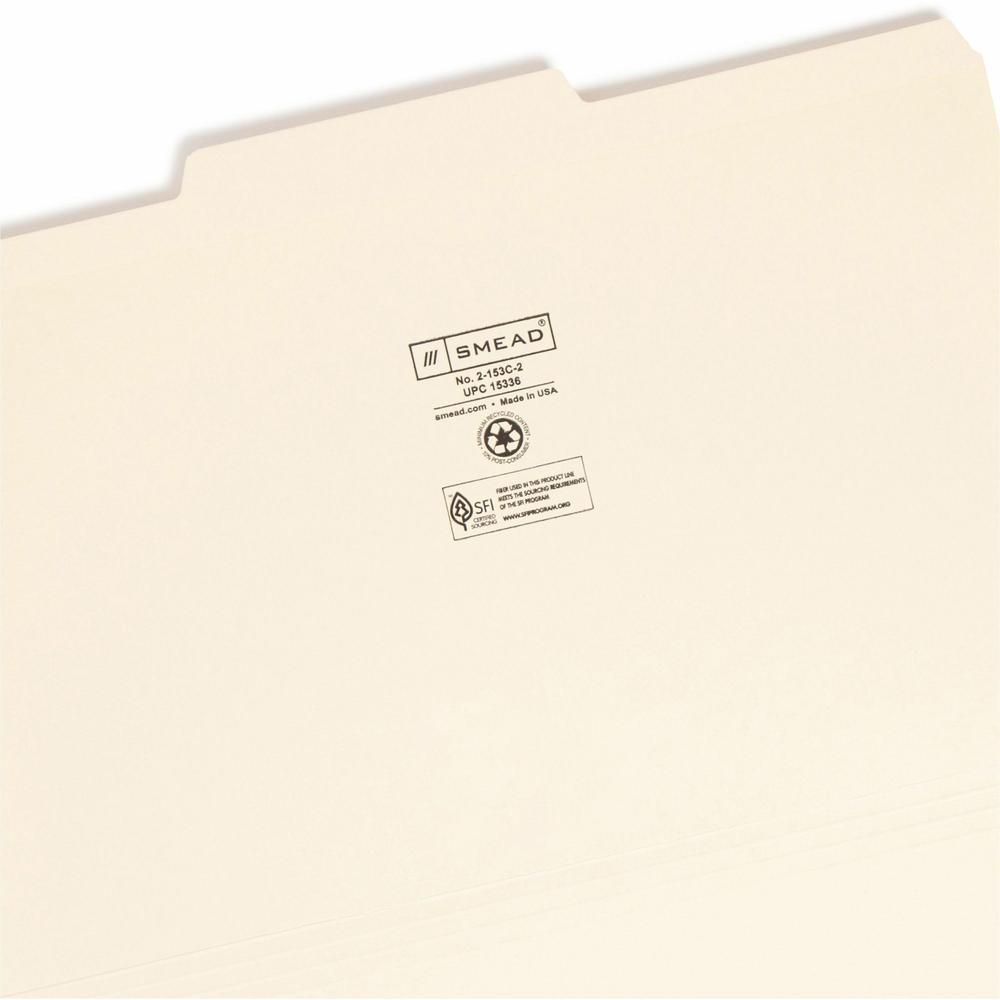 Smead 1/3 Tab Cut Legal Recycled Top Tab File Folder - 8 1/2" x 14" - 3/4" Expansion - Top Tab Location - Second Tab Position - Manila - Manila - 10% Recycled - 100 / Box. Picture 5