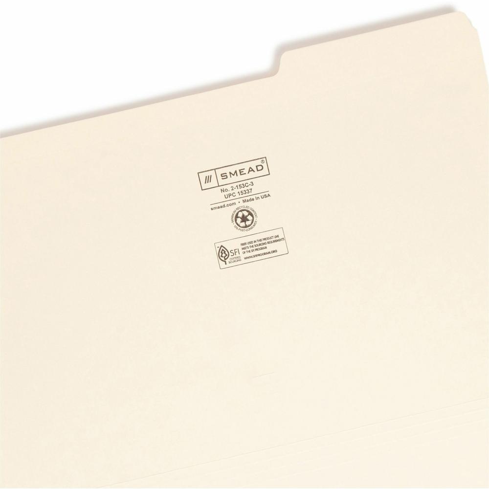 Smead 1/3 Tab Cut Legal Recycled Top Tab File Folder - 8 1/2" x 14" - 3/4" Expansion - Top Tab Location - Third Tab Position - Manila - 10% Recycled - 100 / Box. Picture 7