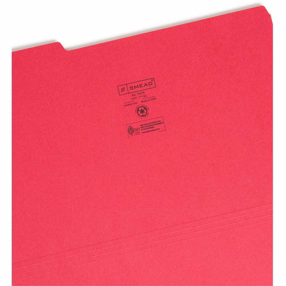 Smead Colored 1/3 Tab Cut Legal Recycled Top Tab File Folder - 8 1/2" x 14" - 3/4" Expansion - Top Tab Location - Assorted Position Tab Position - Red - 10% Recycled - 100 / Box. Picture 7
