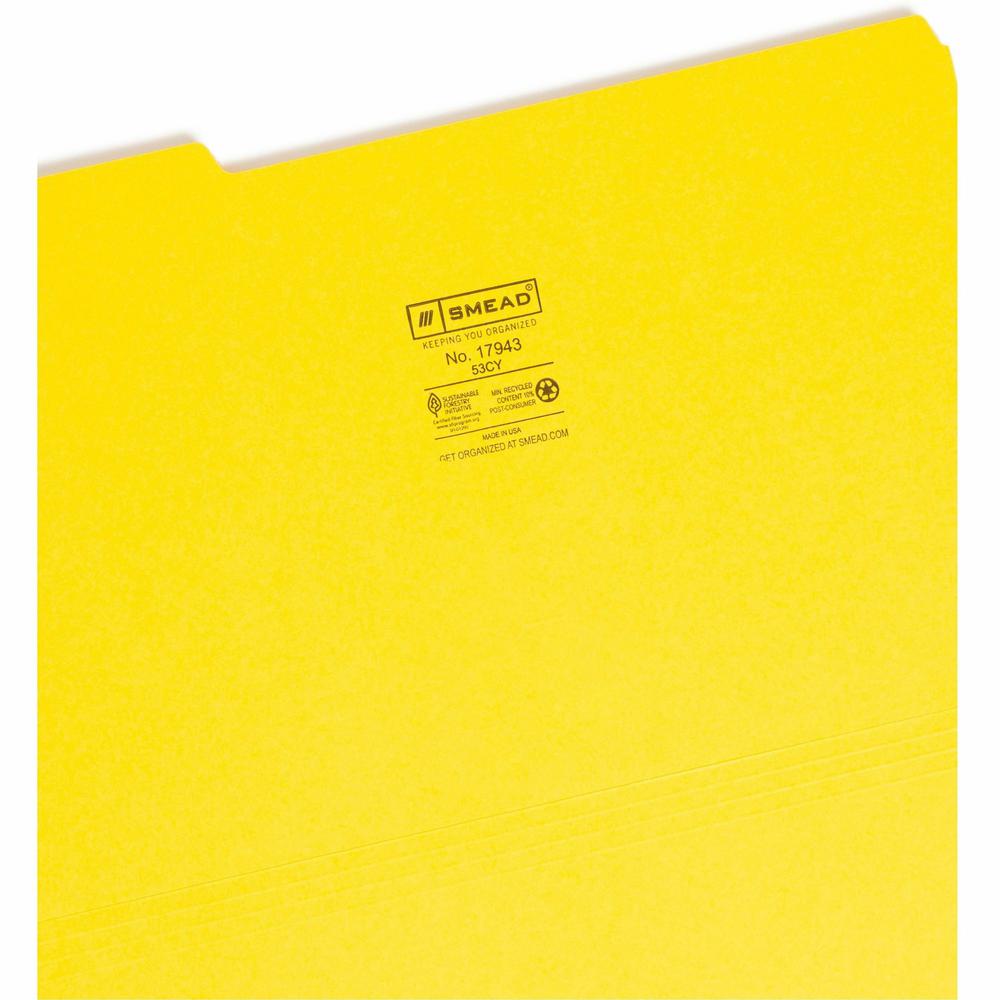 Smead Colored 1/3 Tab Cut Legal Recycled Top Tab File Folder - 8 1/2" x 14" - 3/4" Expansion - Top Tab Location - Assorted Position Tab Position - Vinyl - Yellow - 10% Recycled - 100 / Box. Picture 7