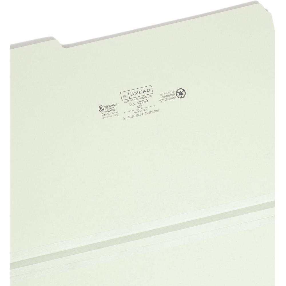 Smead 1/3 Tab Cut Legal Recycled Top Tab File Folder - 8 1/2" x 14" - 1" Expansion - Top Tab Location - Assorted Position Tab Position - Pressboard - Gray, Green - 100% Recycled - 25 / Box. Picture 7