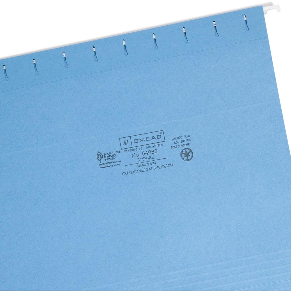 Smead Colored 1/5 Tab Cut Letter Recycled Hanging Folder - 8 1/2" x 11" - Top Tab Location - Assorted Position Tab Position - Vinyl - Blue - 10% Recycled - 25 / Box. Picture 7