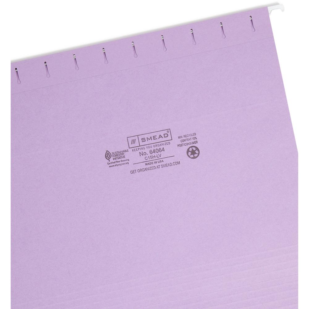 Smead Colored 1/5 Tab Cut Letter Recycled Hanging Folder - 8 1/2" x 11" - Top Tab Location - Assorted Position Tab Position - Vinyl - Lavender - 10% Recycled - 25 / Box. Picture 7