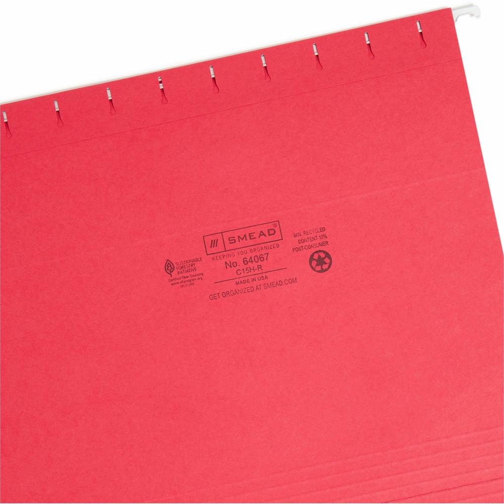 Smead Colored 1/5 Tab Cut Letter Recycled Hanging Folder - 8 1/2" x 11" - Top Tab Location - Assorted Position Tab Position - Vinyl - Red - 10% Recycled - 25 / Box. Picture 7