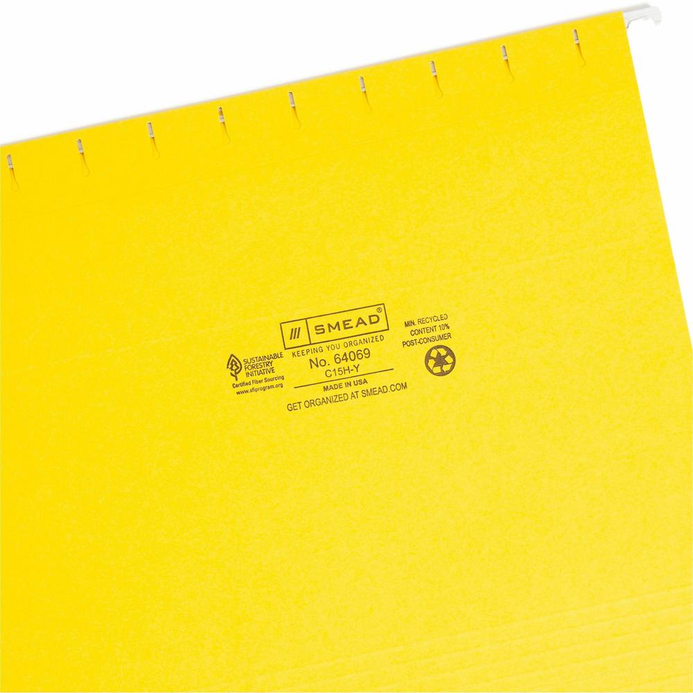 Smead Colored 1/5 Tab Cut Letter Recycled Hanging Folder - 8 1/2" x 11" - Top Tab Location - Assorted Position Tab Position - Vinyl - Yellow - 10% Recycled - 25 / Box. Picture 7