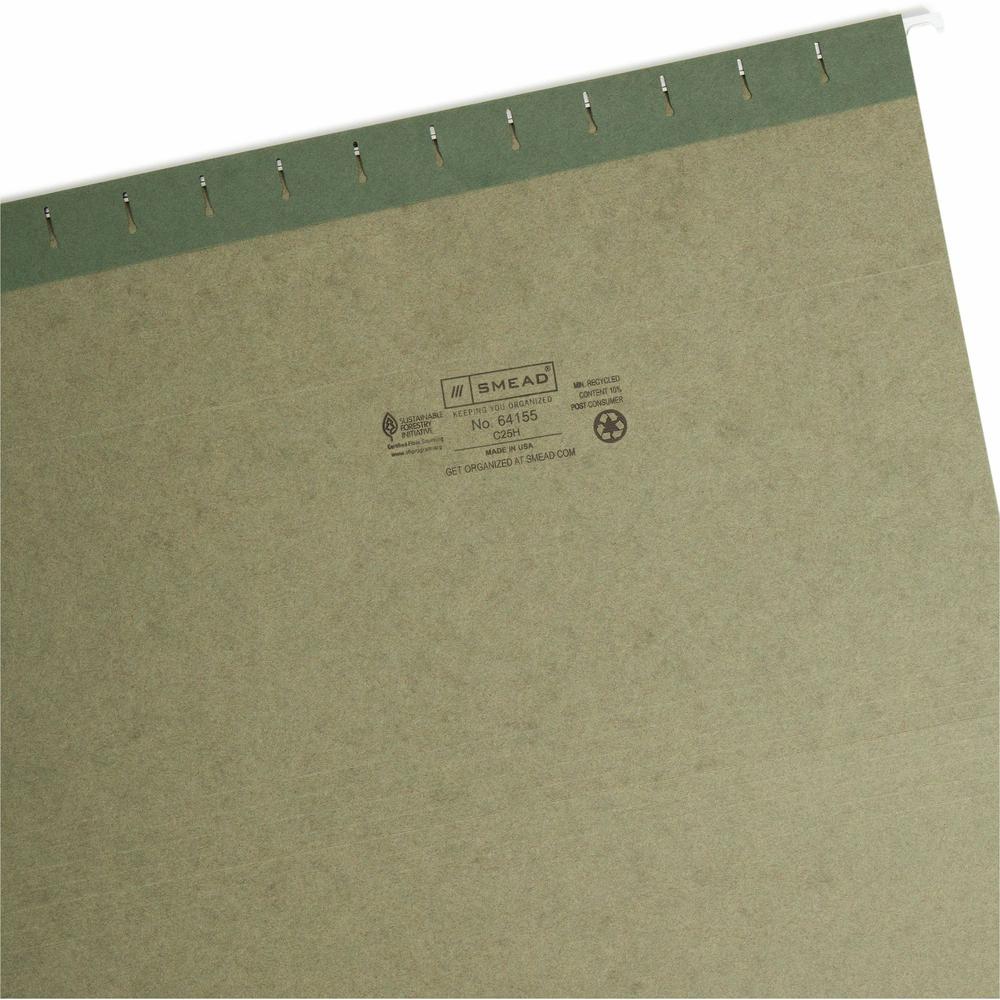 Smead 1/5 Tab Cut Legal Recycled Hanging Folder - 8 1/2" x 14" - Top Tab Location - Assorted Position Tab Position - Standard Green - 10% Recycled - 25 / Box. Picture 5