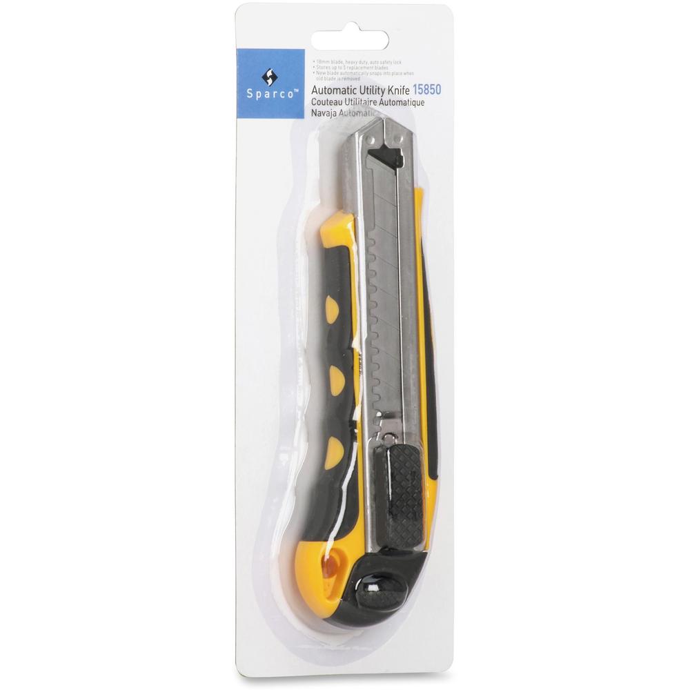 Sparco Automatic Utility Knife - Metal Blade - Heavy Duty - Acrylonitrile Butadiene Styrene (ABS) - Black, Yellow - 1 Each. Picture 3