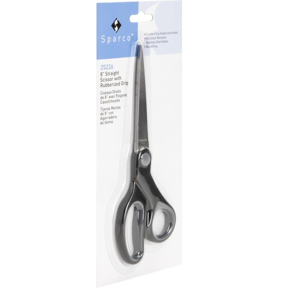 Sparco Straight Rubber Handle Scissors - 8" Overall Length - Straight - Stainless Steel - Black, Gray - 1 Each. Picture 4
