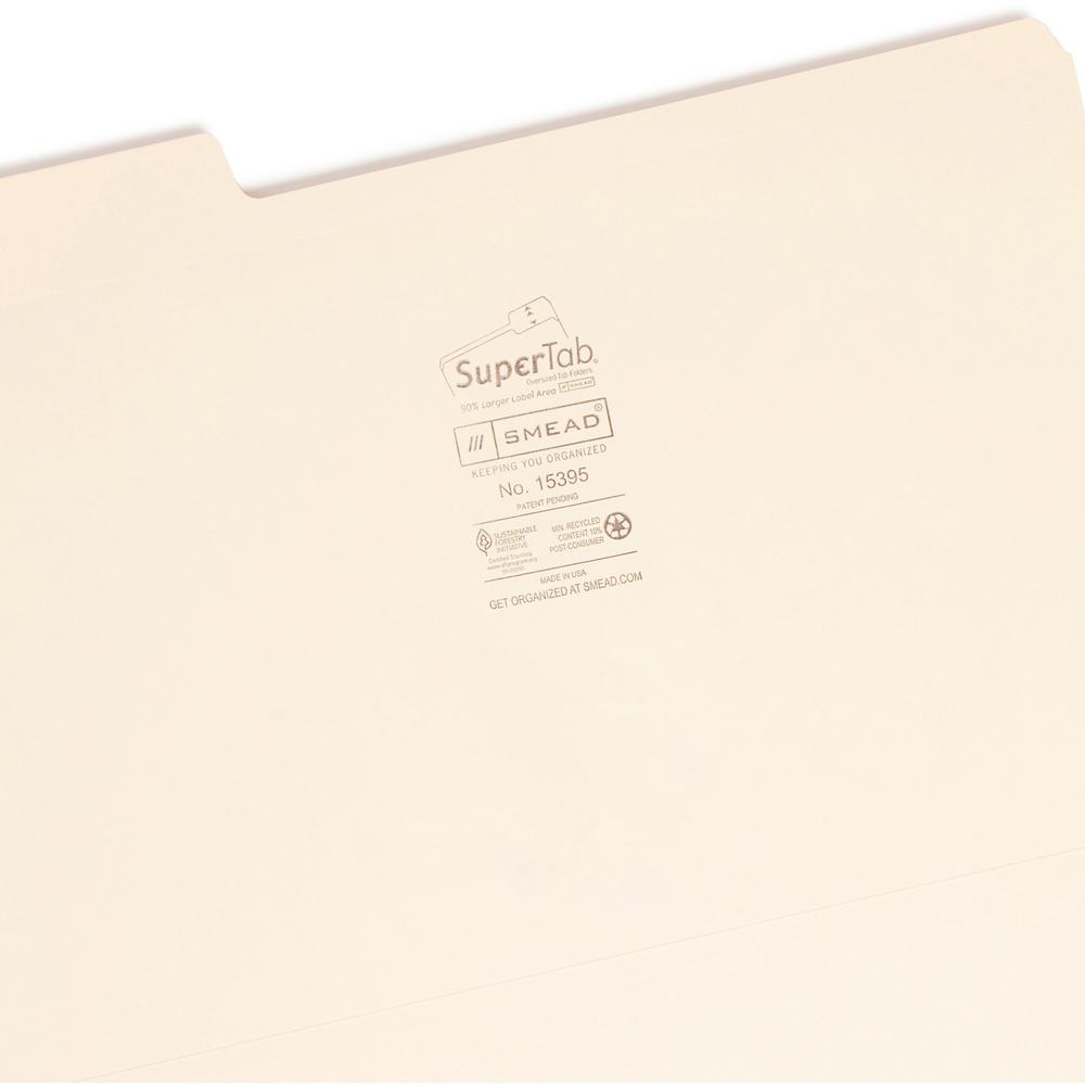 Smead SuperTab 1/3 Tab Cut Legal Recycled Top Tab File Folder - 8 1/2" x 14" - 3/4" Expansion - Top Tab Location - Assorted Position Tab Position - Manila - Manila - 10% Recycled - 100 / Box. Picture 4
