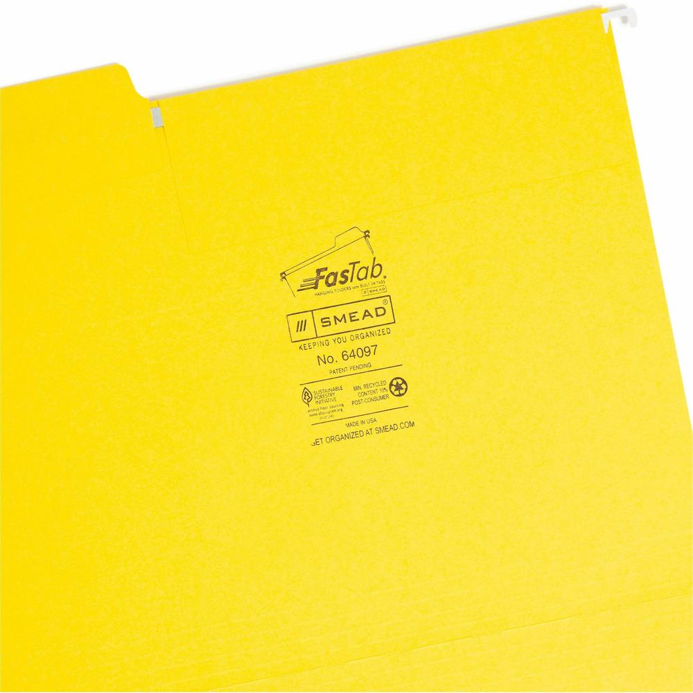 Smead FasTab 1/3 Tab Cut Letter Recycled Hanging Folder - 8 1/2" x 11" - Top Tab Location - Assorted Position Tab Position - Yellow - 10% Recycled - 20 / Box. Picture 7