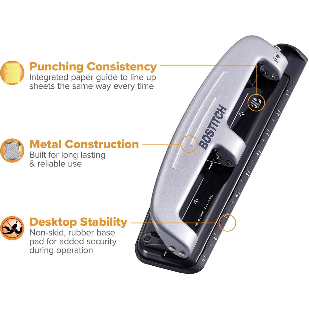 Bostitch EZ Squeeze&trade; 12 Three-Hole Punch - 3 Punch Head(s) - 12 Sheet - 9/32" Punch Size - 3" x 1.6" - Black, Silver. Picture 7