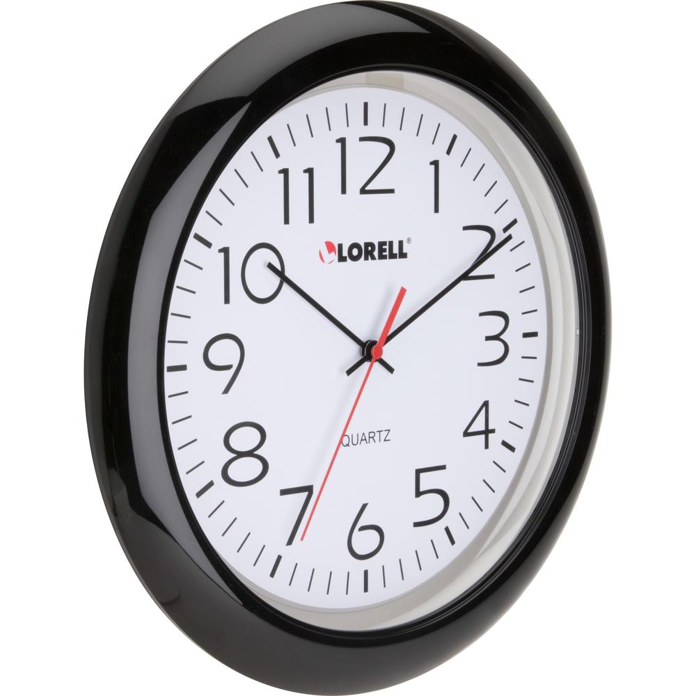 Lorell 13-1/4" Round Quartz Wall Clock - Analog - Quartz - White Main Dial - Black/Plastic Case. Picture 2