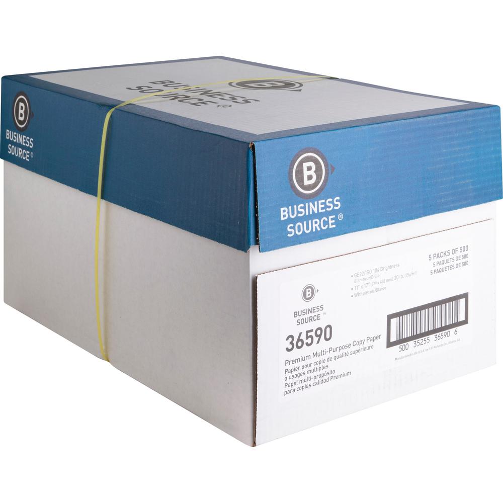 Business Source Premium Multipurpose Copy Paper - 92 Brightness - Ledger/Tabloid - 11" x 17" - 20 lb Basis Weight - 2500 / Carton - Acid-free - White. Picture 3