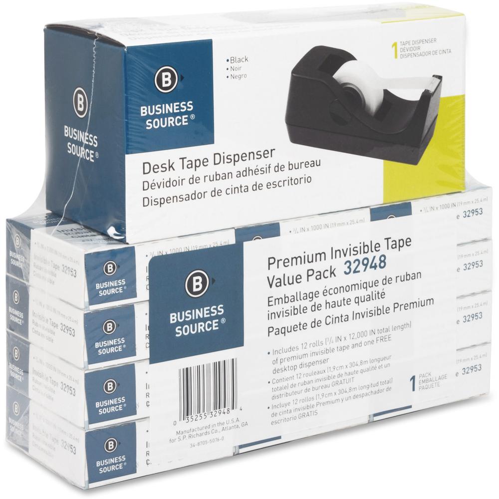 Business Source Invisible Tape Dispenser Value Pack - 27.78 yd Length x 0.75" Width - 1" Core - Acetate - Dispenser Included - Desktop Dispenser - For Multi Surface, Mending, Splicing, Holding - 12 / . Picture 3