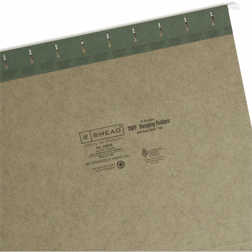 Smead TUFF 1/3 Tab Cut Letter Recycled Hanging Folder - 8 1/2" x 11" - Top Tab Location - Assorted Position Tab Position - Standard Green - 10% Recycled - 20 / Box. Picture 7