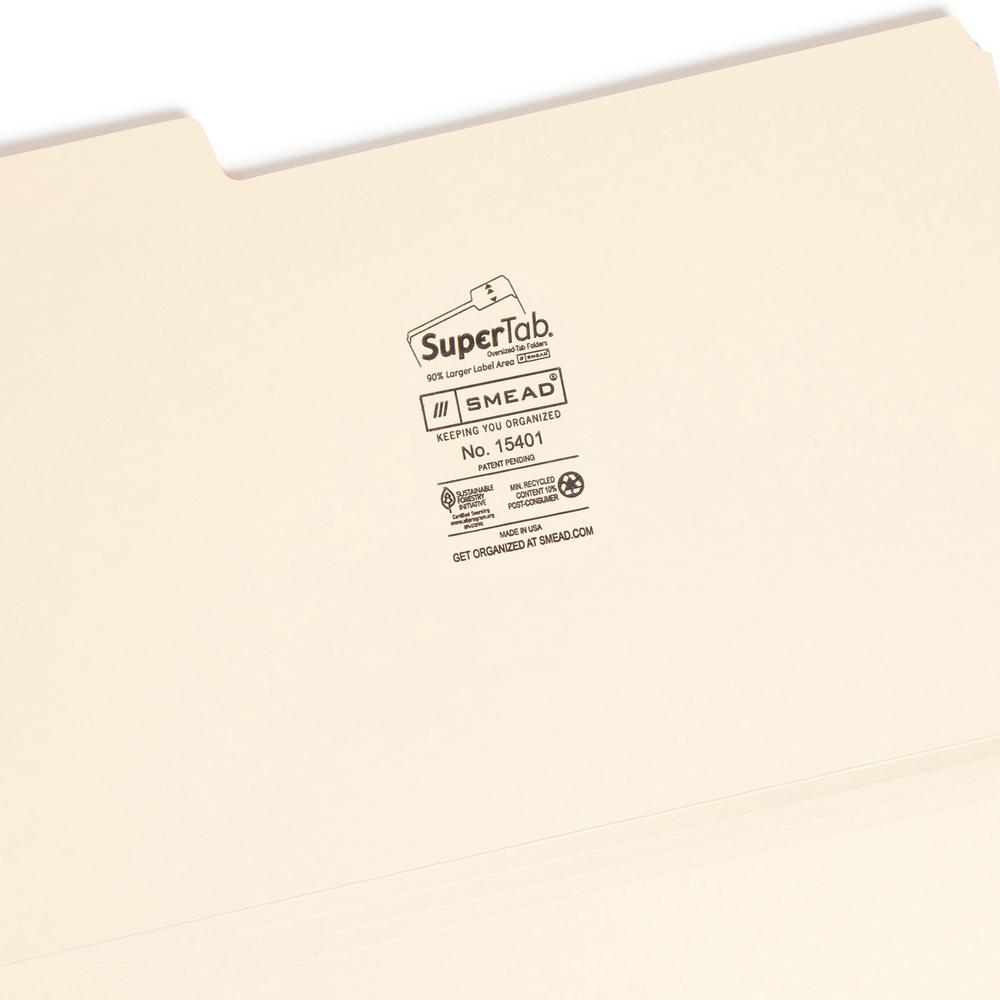 Smead SuperTab 1/3 Tab Cut Legal Recycled Top Tab File Folder - 8 1/2" x 14" - 3/4" Expansion - Top Tab Location - Assorted Position Tab Position - Manila - Manila - 10% Recycled - 50 / Box. Picture 7