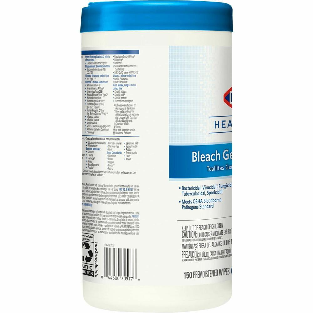 Clorox Healthcare Bleach Germicidal Wipes - For Multipurpose - Ready-To-Use - 5" Length x 6" Width - 150 / Canister - 1 Each - Disinfectant, Non-irritating, Anti-bacterial, Odorless - White. Picture 9
