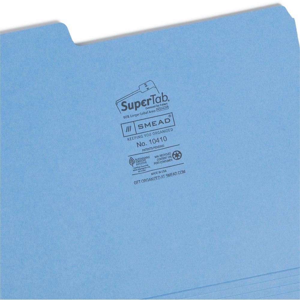 Smead SuperTab 1/3 Tab Cut Letter Recycled Top Tab File Folder - 8 1/2" x 11" - 3/4" Expansion - Top Tab Location - Assorted Position Tab Position - Blue, Red, Green, Yellow - 10% Recycled - 50 / Box. Picture 7