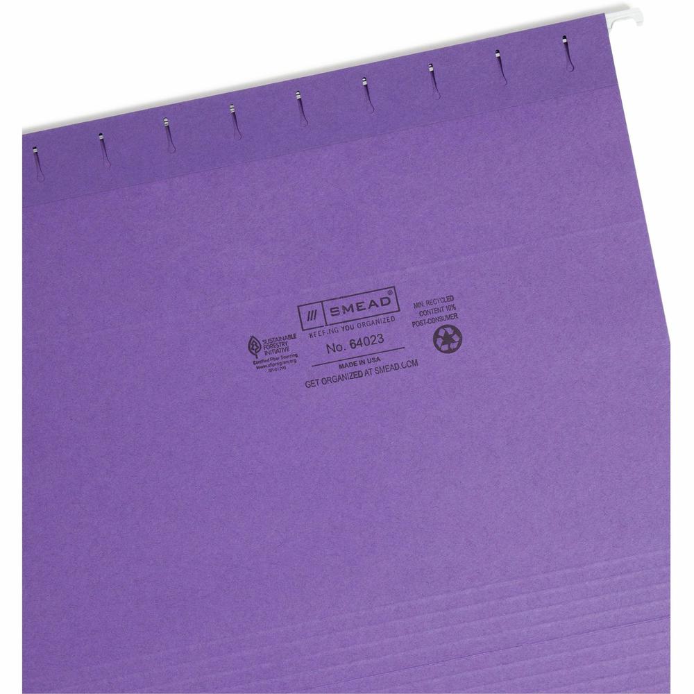 Smead 1/3 Tab Cut Letter Recycled Hanging Folder - 8 1/2" x 11" - Top Tab Location - Assorted Position Tab Position - Poly - Purple - 10% Paper Recycled - 25 / Box. Picture 9