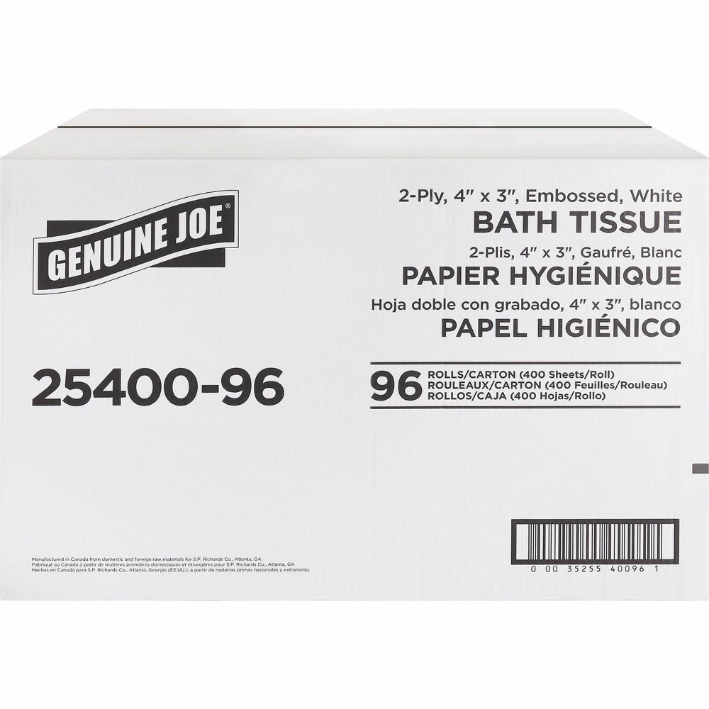 Genuine Joe 2-ply Standard Bath Tissue Rolls - 2 Ply - 3" x 4" - 400 Sheets/Roll - 1.63" Core - White - 96 / Carton. Picture 5