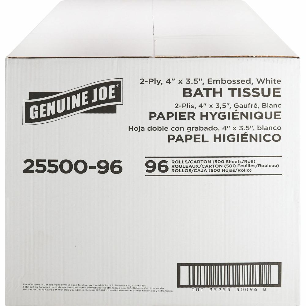 Genuine Joe 2-ply Standard Bath Tissue Rolls - 2 Ply - 4" x 3.50" - 500 Sheets/Roll - White - Perforated, Absorbent, Soft - 96 / Carton. Picture 5