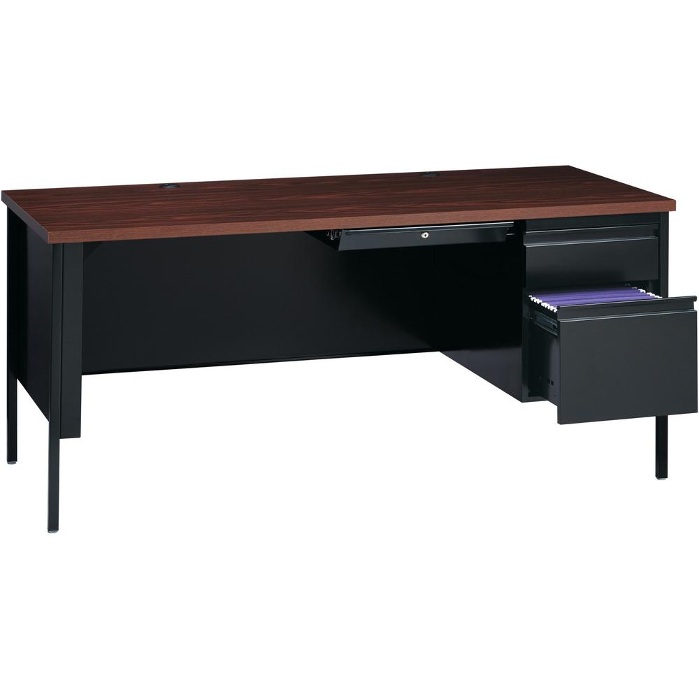 Lorell Fortress Series 66" Right-Pedestal Desk - Laminated Rectangle, Walnut Top - 30" Table Top Length x 66" Table Top Width x 1.13" Table Top Thickness - 29.50" Height - Assembly Required - Black Wa. Picture 9
