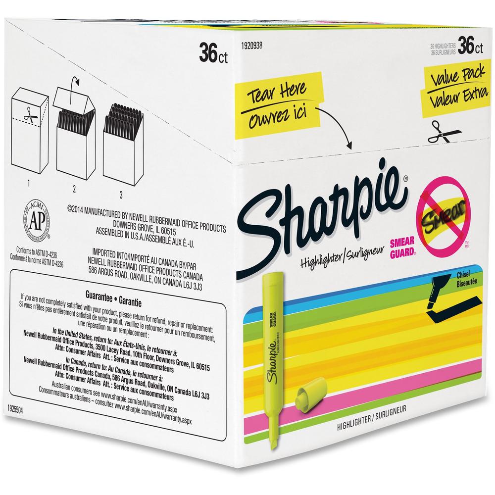 Sharpie SmearGuard Tank Style Highlighters - Narrow, Wide Marker Point - Chisel Marker Point Style - Fluorescent Yellow - 36 / Pack. Picture 6