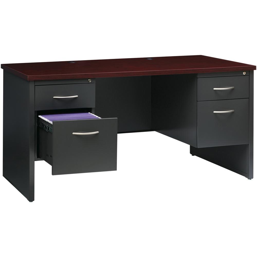 Lorell Mahogany Laminate/Charcoal Modular Desk Series Pedestal Desk - 2-Drawer - 60" x 30" , 1.1" Top - 2 x Box, File Drawer(s) - Double Pedestal - Material: Steel - Finish: Mahogany Laminate, Charcoa. Picture 4