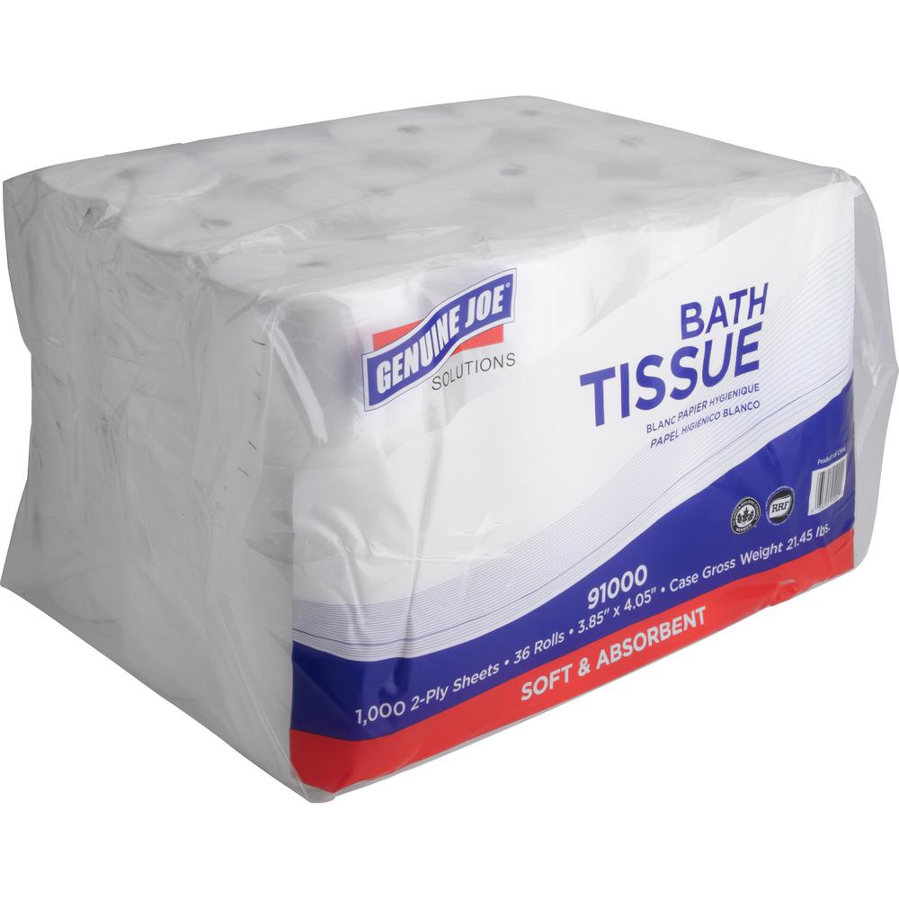 Genuine Joe Solutions Double Capacity Bath Tissue - 2 Ply - 1000 Sheets/Roll - 0.71" Core - White - Virgin Fiber - 36 / Carton. Picture 7