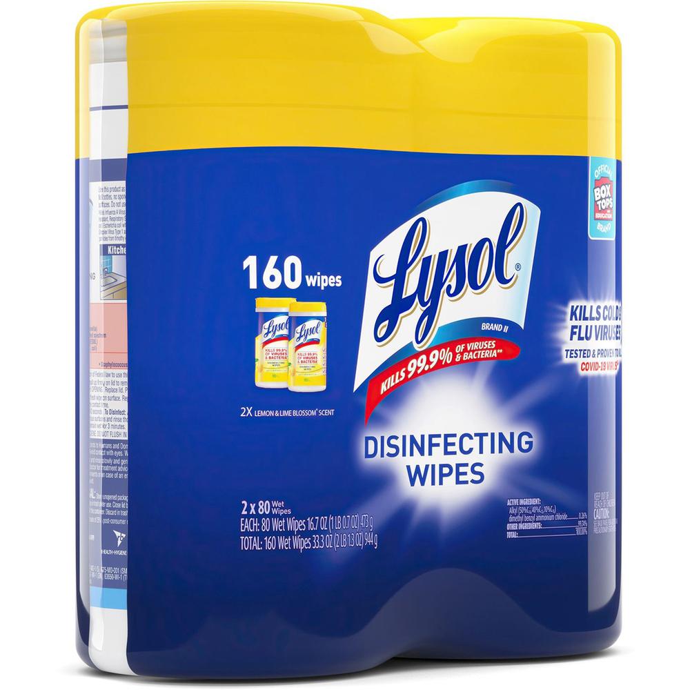 Lysol Disinfecting Wipes - Wipe - Lemon Lime Scent - 80 / Canister - 2 / Pack - White. Picture 4