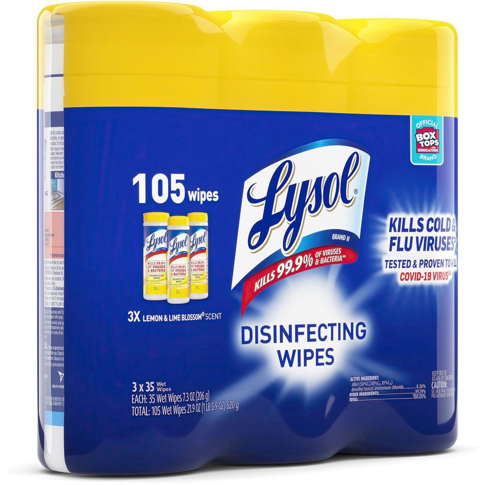 Lysol Disinfecting Wipes 3-pack - Lemon Scent - 35 / Canister - 12 / Carton - Disinfectant, Antibacterial - White. Picture 6