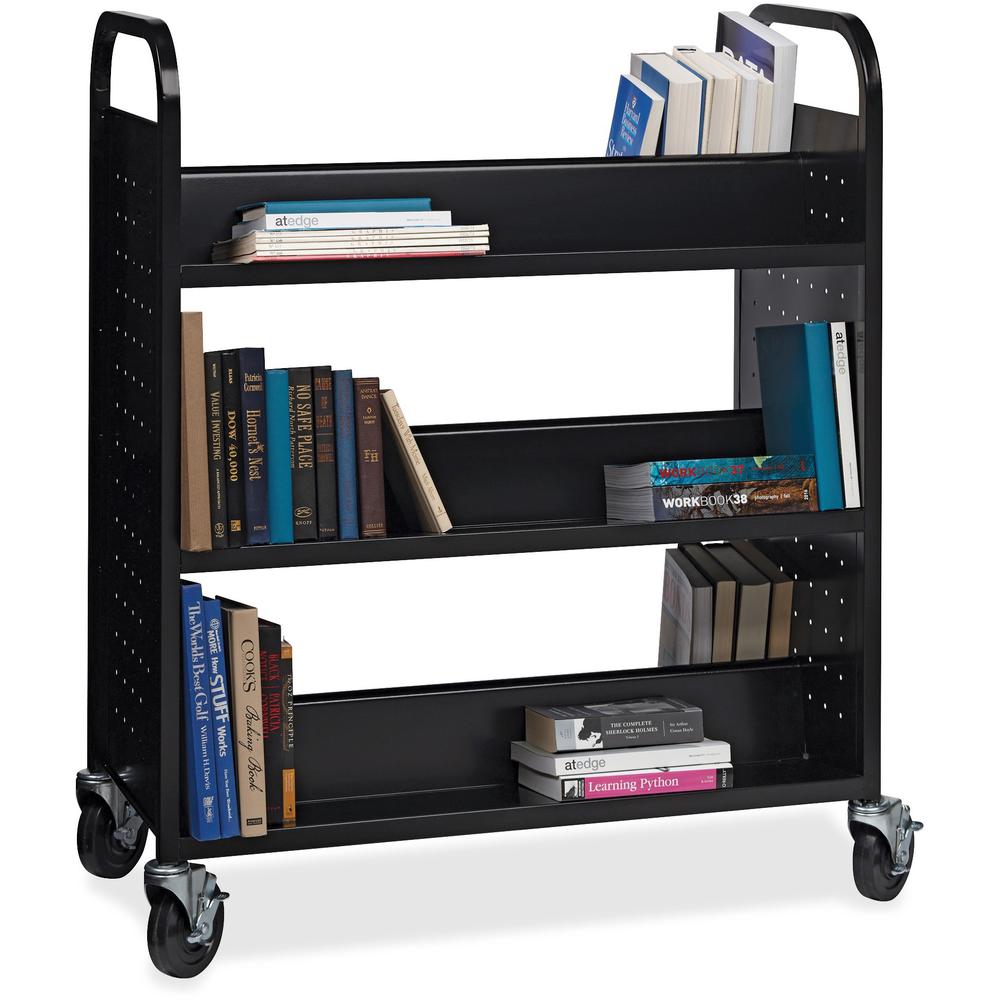 Lorell Double-sided Book Cart - 6 Shelf - Round Handle - 5" Caster Size - Steel - x 38" Width x 18" Depth x 46.3" Height - Black - 1 Each. Picture 5