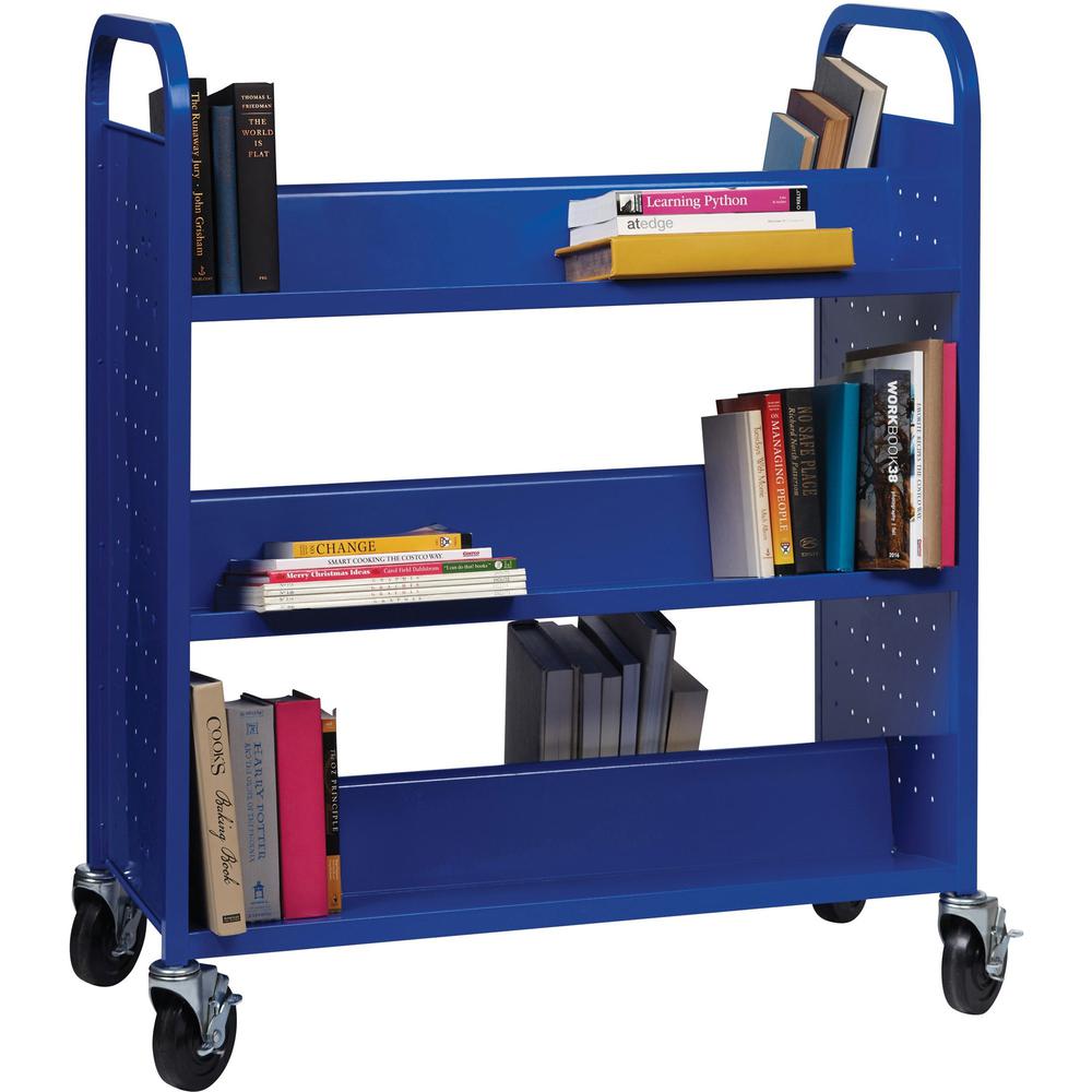 Lorell Double-sided Book Cart - 6 Shelf - Round Handle - 5" Caster Size - Steel - x 38" Width x 18" Depth x 46.3" Height - Blue - 1 Each. Picture 2