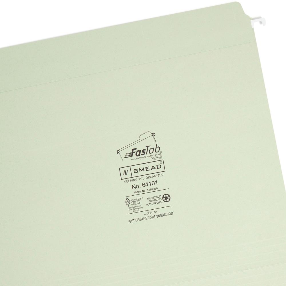 Smead FasTab Straight Tab Cut Letter Recycled Hanging Folder - 8 1/2" x 11" - Assorted Position Tab Position - Moss - 10% Recycled - 20 / Box. Picture 7