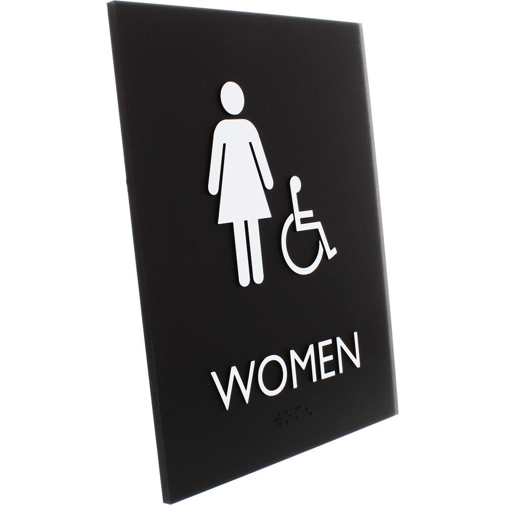 Lorell Restroom Sign - 1 Each - Women Print/Message - 6.4" Width x 8.5" Height - Rectangular Shape - Easy Readability, Braille - Plastic - Black. Picture 5
