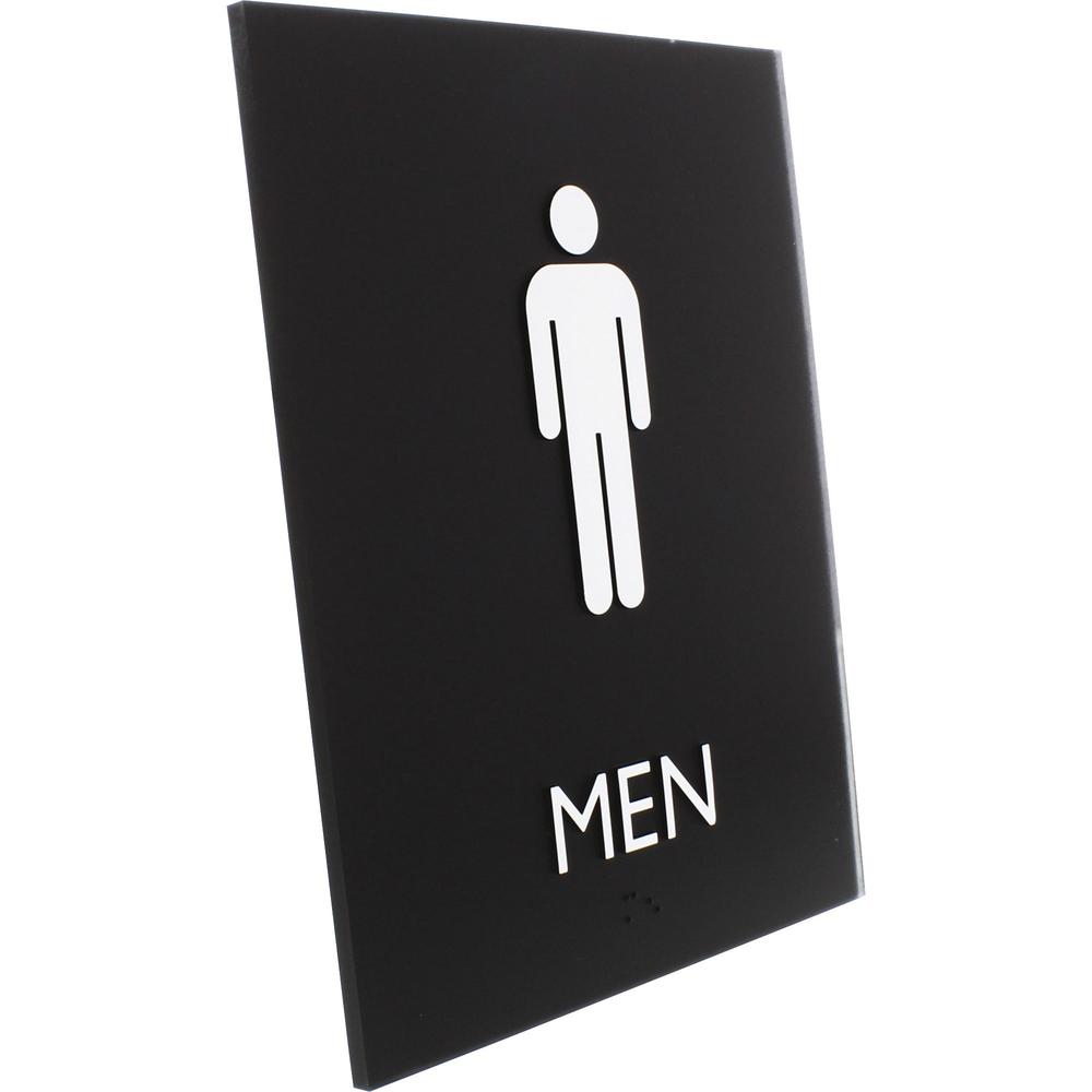 Lorell Men's Restroom Sign - 1 Each - Men Print/Message - 6.4" Width x 8.5" Height - Rectangular Shape - Surface-mountable - Easy Readability, Braille - Plastic - Black. Picture 5