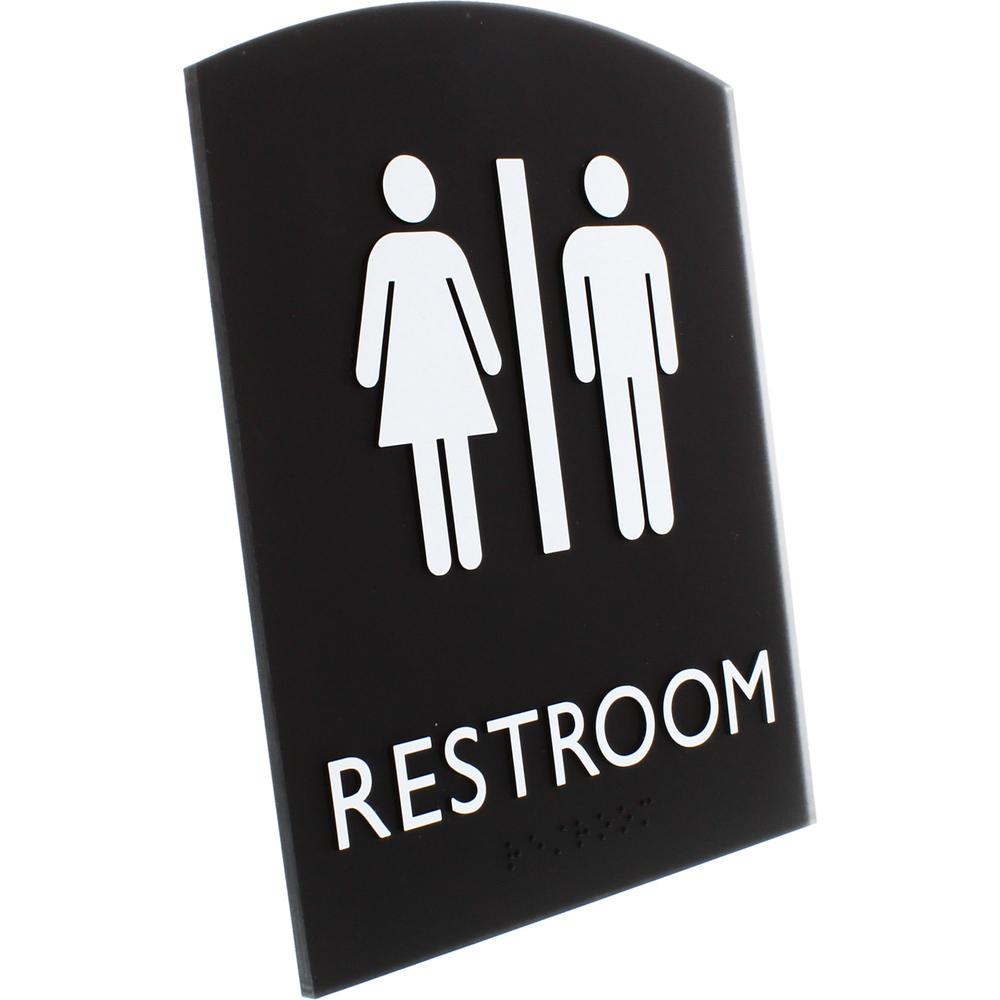 Lorell Arched Unisex Restroom Sign - 1 Each - 6.8" Width x 8.5" Height - Rectangular Shape - Surface-mountable - Easy Readability, Braille - Plastic - Black. Picture 4