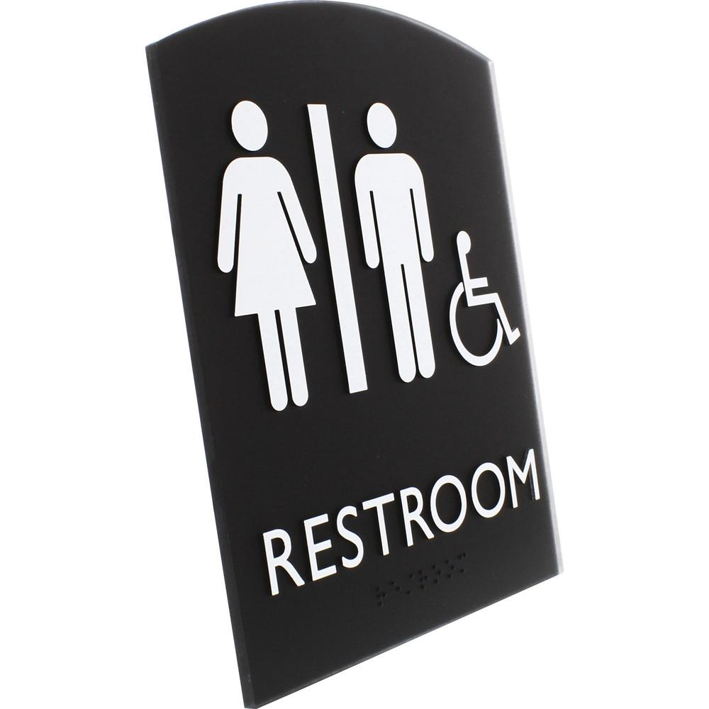 Lorell Arched Unisex Handicap Restroom Sign - 1 Each - 6.8" Width x 8.5" Height - Rectangular Shape - Surface-mountable - Easy Readability, Braille - Plastic - Black. Picture 5