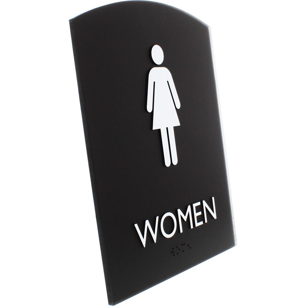 Lorell Arched Women's Restroom Sign - 1 Each - Women Print/Message - 6.8" Width x 8.5" Height - Rectangular Shape - Surface-mountable - Easy Readability, Braille - Plastic - Black. Picture 4
