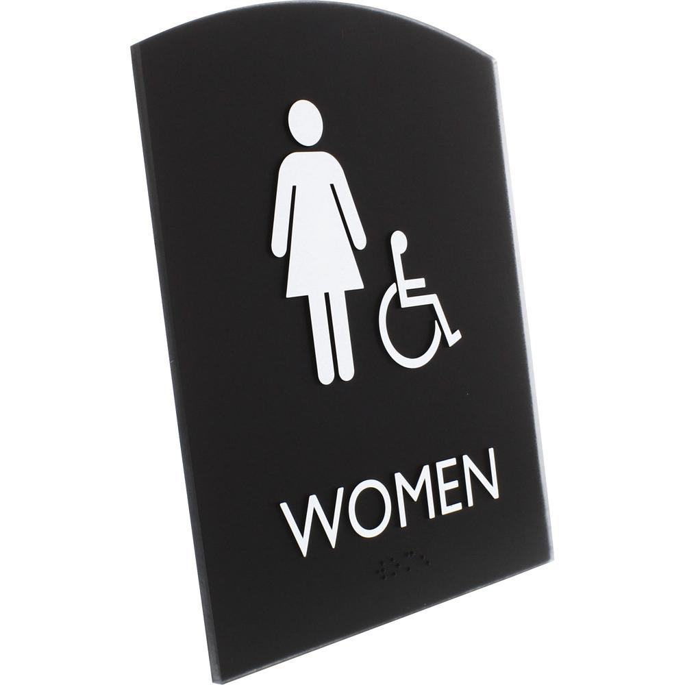 Lorell Restroom Sign - 1 Each - Women Print/Message - 6.8" Width x 8.5" Height - Rectangular Shape - Surface-mountable - Easy Readability, Braille - Plastic - Black. Picture 3