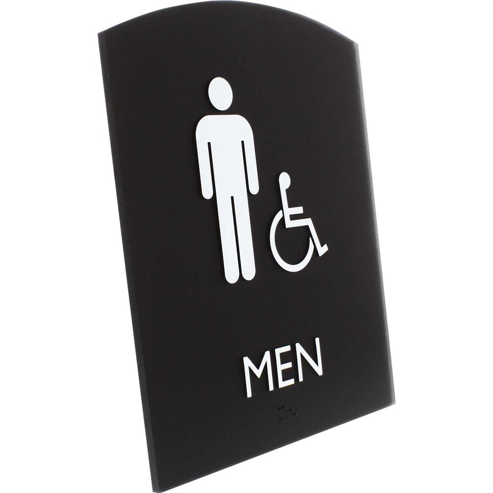 Lorell Arched Men's Handicap Restroom Sign - 1 Each - Men Print/Message - 6.8" Width x 8.5" Height - Rectangular Shape - Surface-mountable - Easy Readability, Braille - Plastic - Black. Picture 3