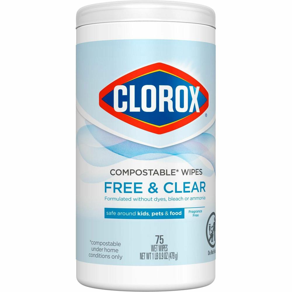 Clorox Free & Clear Compostable All Purpose Cleaning Wipes - 4.25" Length x 4.25" Width - 75 / Tub - 6 / Carton - Bleach-safe, Dye-free, Scent-free, Durable, Residue-free - White. Picture 11